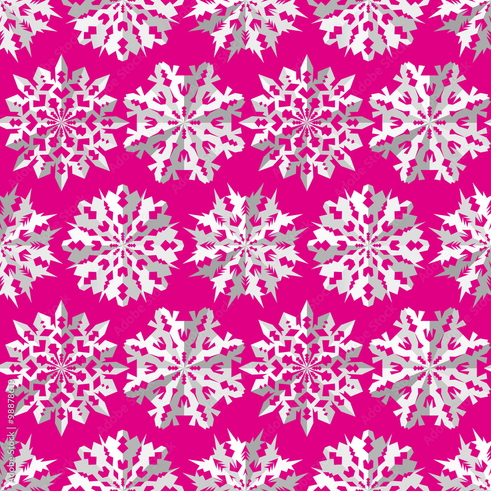 Seamless christmas pattern. Origami paper cut out three-dimensional snowflakes with shadow. White signs on magenta, pink background. Winter, New Year texture. Vector Seamless christmas pattern. Origami paper cut out three-dimensional snowflakes with shadow. White signs on magenta, pink background. Winter, New Year texture. Vector