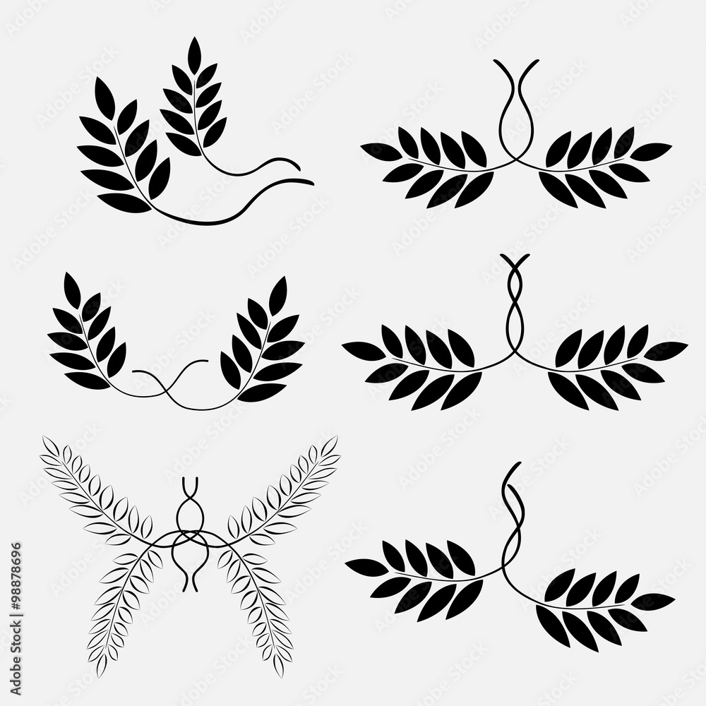 Laurel tattoo for lesbian. Couple sign icon. Floral abstract sex composition. Black ornaments, signs on white background. Victory, glory, freedom symbol. Vector isolated Laurel tattoo for lesbian. Couple sign icon. Floral abstract sex composition. Black ornaments, signs on white background. Victory, glory, freedom symbol. Vector isolated