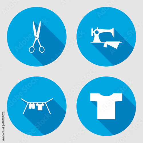Household sign set. Sewing machine, hanger, scissors, clothes, T-shirt. Electric appliance for house, hotel service. Round circle flat icon with long shadow. Vector