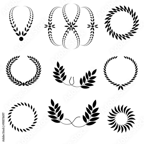 Laurel wreath tattoo set. Black ornaments  nine signs on white background.  Victory  peace  glory symbol. Vector