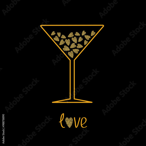 Martini glass with pink hearts inside. Love card. Gold sparkles glitter texture Black background