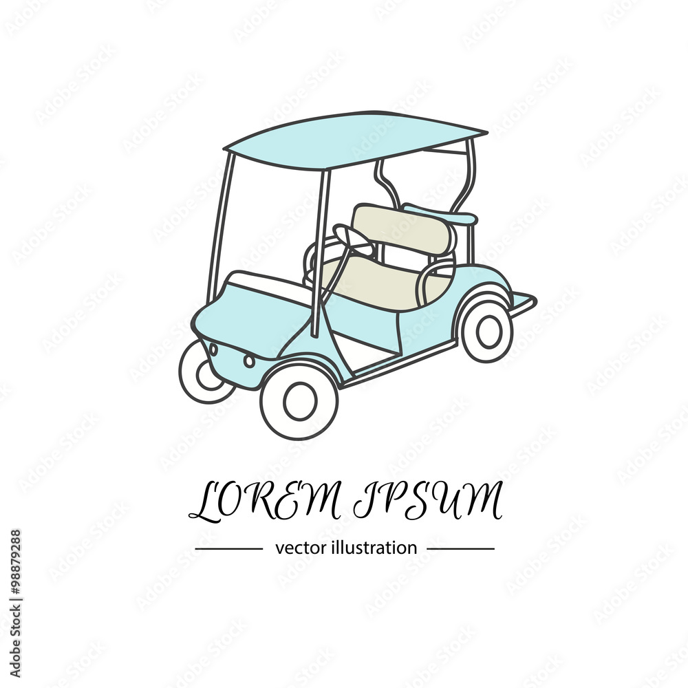 Hand drawn icon of golf cart, isolated on white background, sport vector illustration, logo design template in modern sketchy style. Modern linear branding element for golf club company Golf car