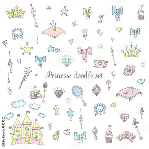Hand-Drawn Vintage Princess Girl Set, Doodle Design Elements, Sketchy Fairy Tale Princess Tiara Crown Notebook, Vector Illustration, for design and scrapbook, castle, diamond, fairy mirror, magic wand