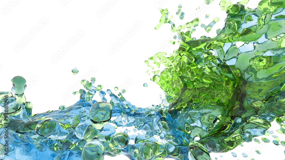 two streams of fluids collide. blue and green two streams of fluids collide. blue and green