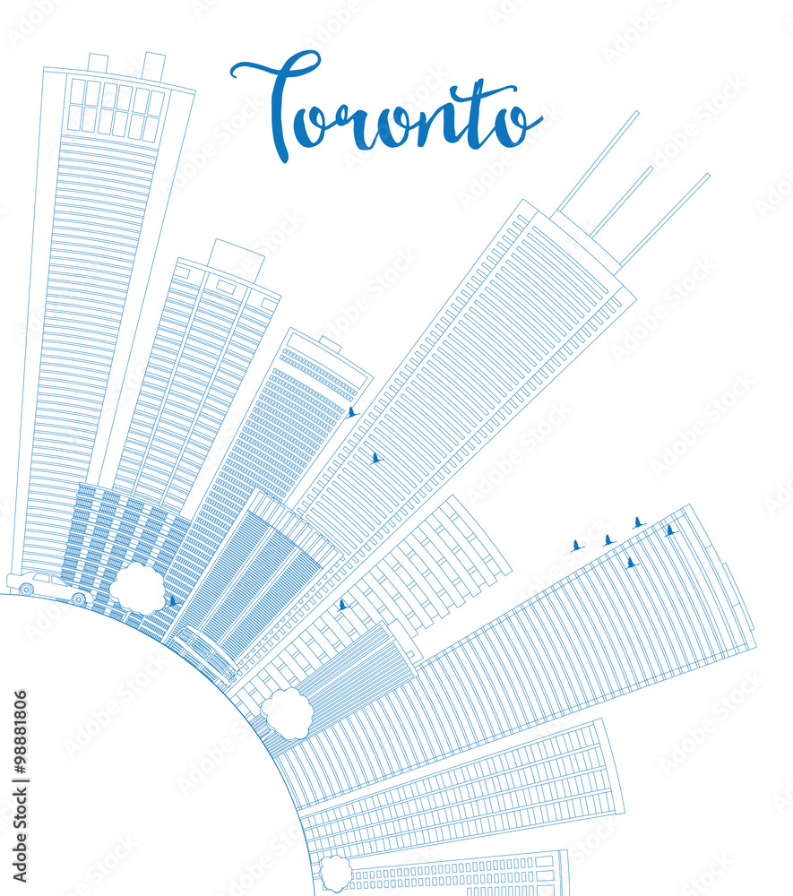 Outline Toronto skyline with blue buildings and copy space. Some elements have transparency mode different from normal.