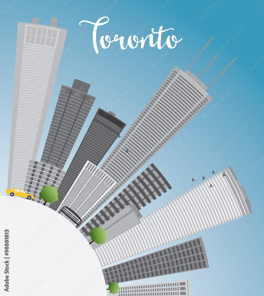 Toronto skyline with grey buildings, blue sky and copy space. Some elements have transparency mode different from normal.