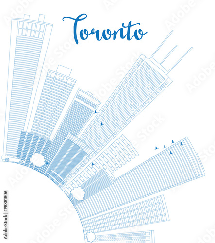 Outline Toronto skyline with blue buildings and copy space. Some elements have transparency mode different from normal.