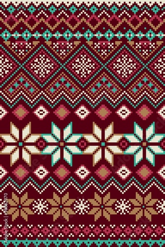 Pixel bright seamless pattern with stylized winter nordic ornament. Vector illustration.