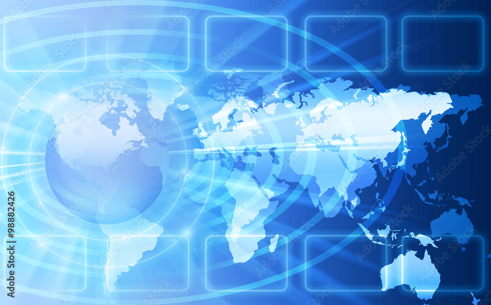 World map on a technological background, glowing lines symbols of the Internet, radio, television, mobile and satellite communications World map on a technological background, glowing lines symbols of the Internet, radio, television, mobile and satellite communications
