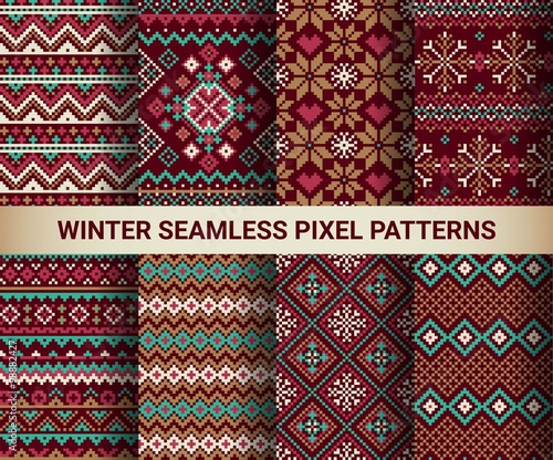 Collection of pixel bright seamless patterns with stylized winter Nordic ornament. Vector illustration.