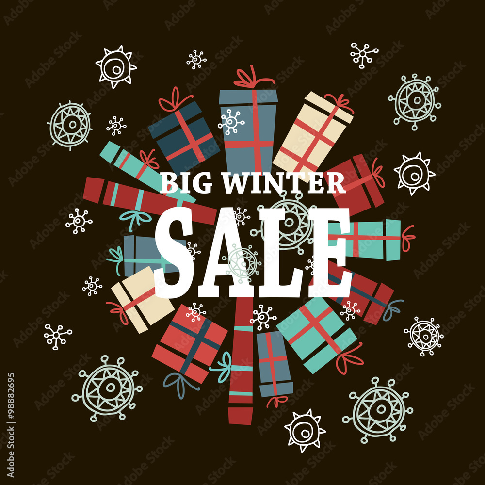 Winter sale background with white letters,gifts and snowflakes.  Vector illustration