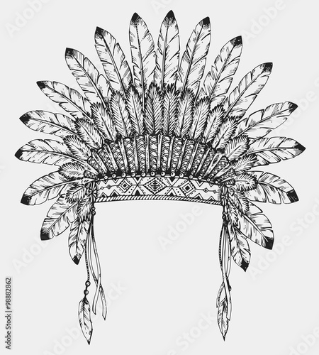 Native American indian headdress with feathers in sketch style.