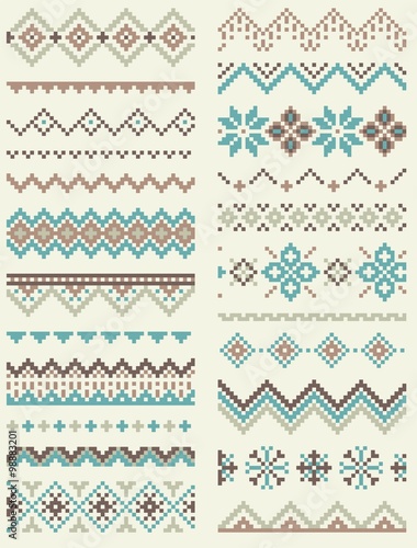 Collection of pixel retro brush templates with stylized winter Nordic ornament. Vector illustration.