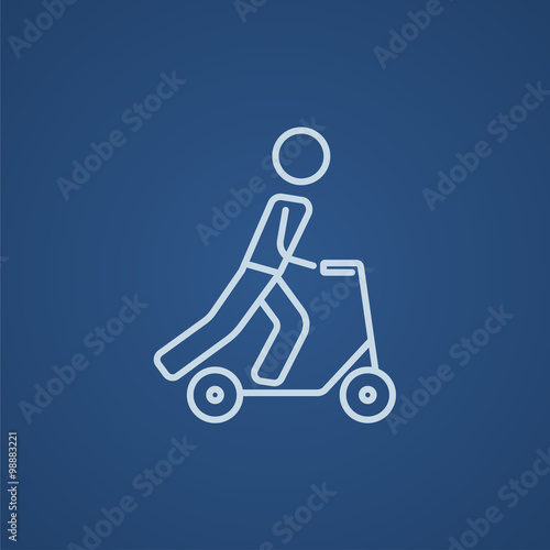 Man riding kick scooter line icon.