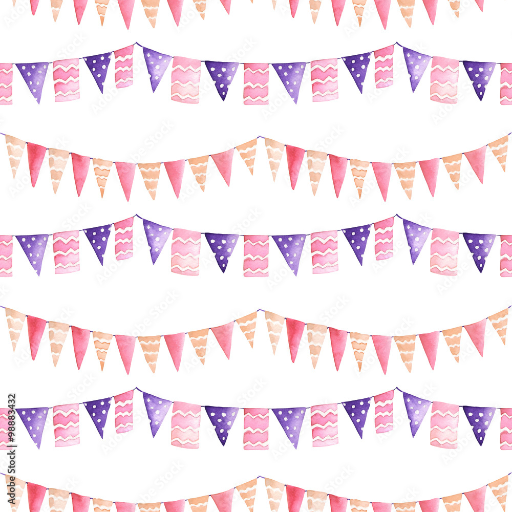Obraz premium Watercolor seamless pattern with the garland of the purple and pink flags painted on a white background