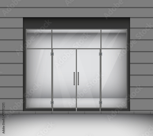 Shop with glass windows and doors, front view. Vector Illustrati