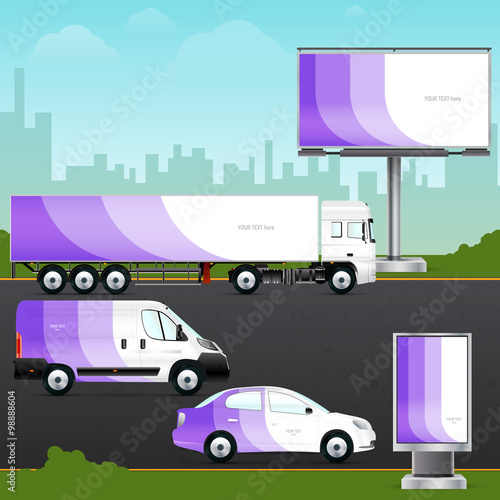 Template vehicle, outdoor advertising or corporate identity. Passenger car, truck, bus, billboard and citylight.