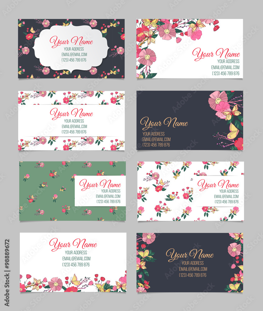 Set of eight floral visit cards Set of eight floral visit cards