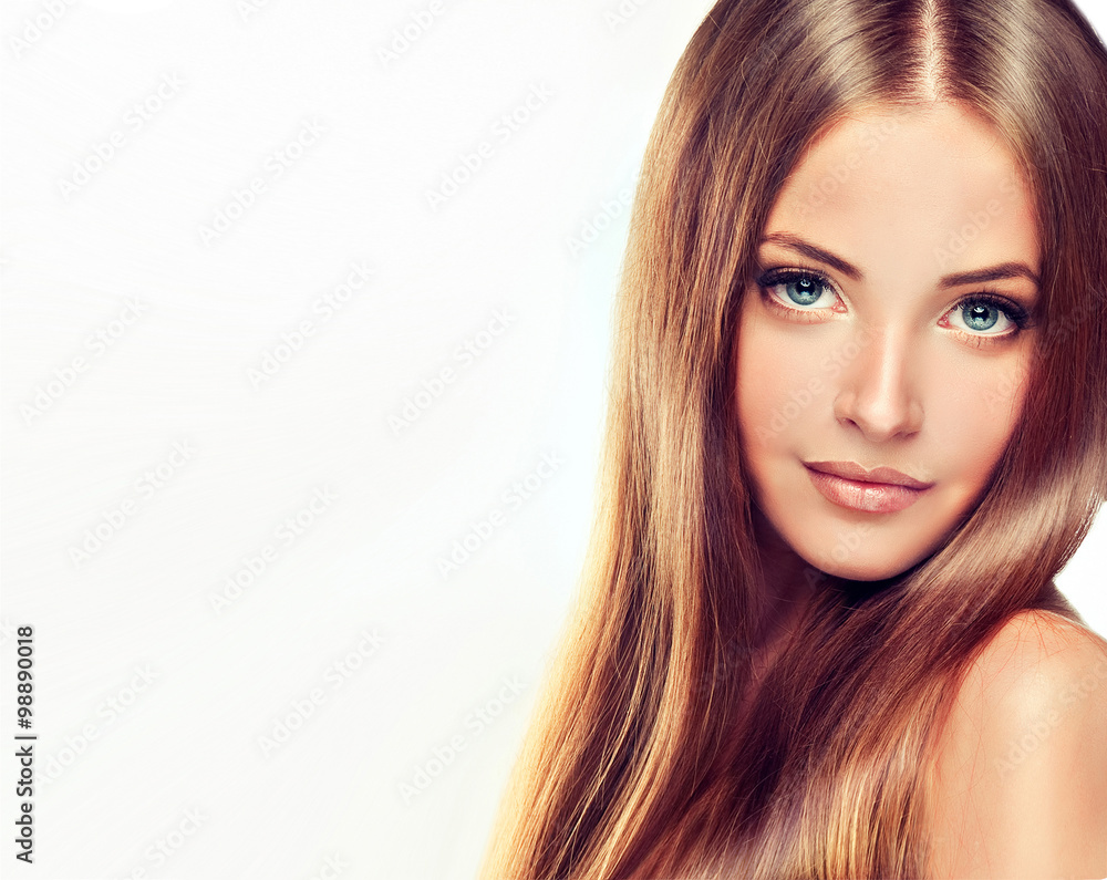 Naklejka premium Beautyful Girl with brown hair .Long straight hair Shine . Hairstyle beauty model hair