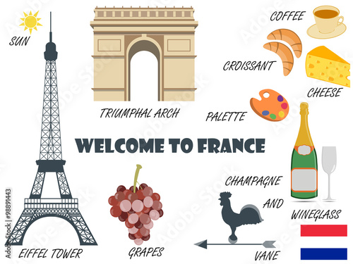 Welcome to France. Symbols of France. Set of icons. Vector.