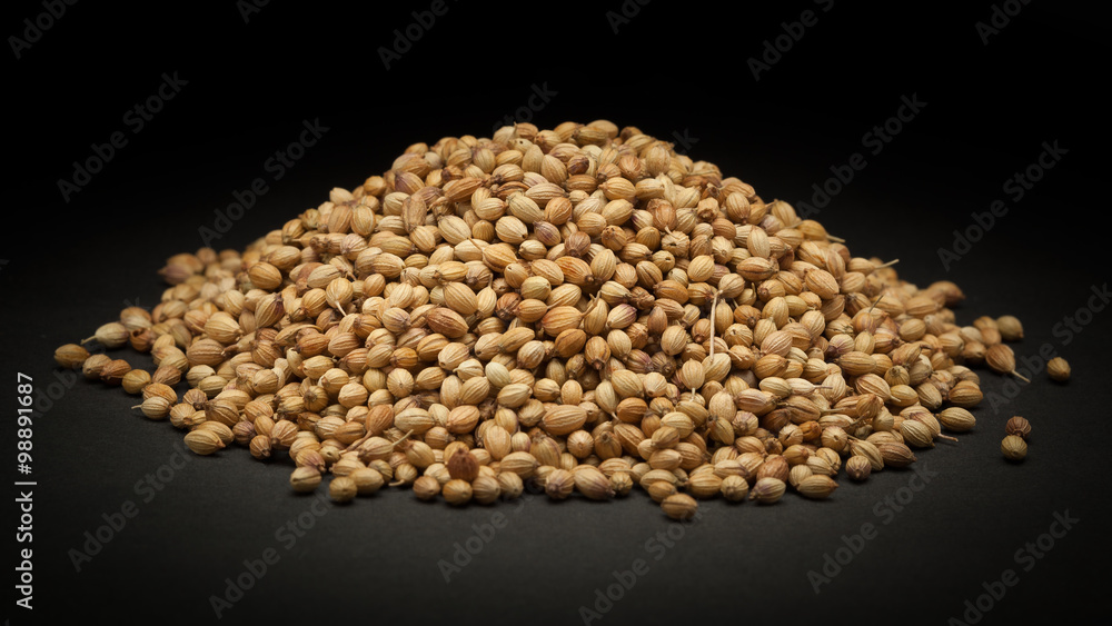 Pile of Organic Dried coriander seeds (Coriandrum sativum) on dark background. Pile of Organic Dried coriander seeds (Coriandrum sativum) on dark background.
