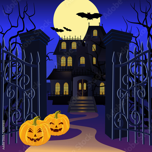 Halloween background with haunted house and pumpkin. Vector illustration