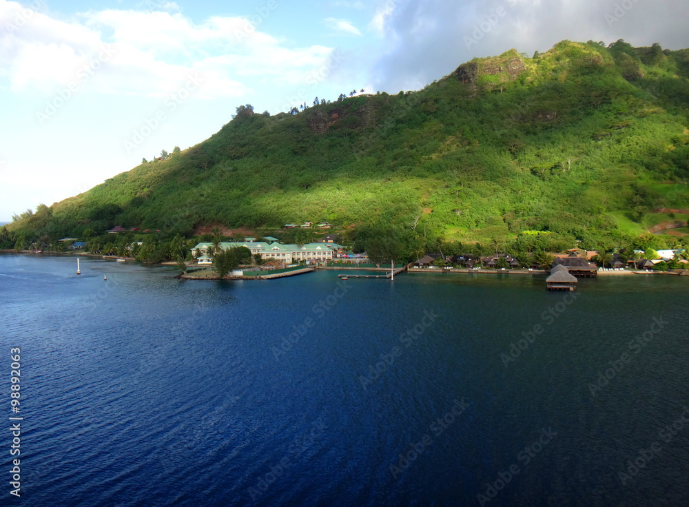 View of Moorea from the lagoon on a cruise ship, French Polynesia.
