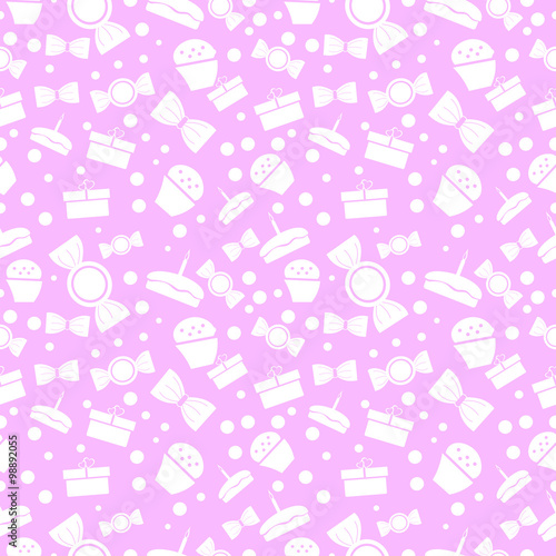 Seamless vector pattern. Chaotic pastel background with white sweets and gifts on the pink backdrop