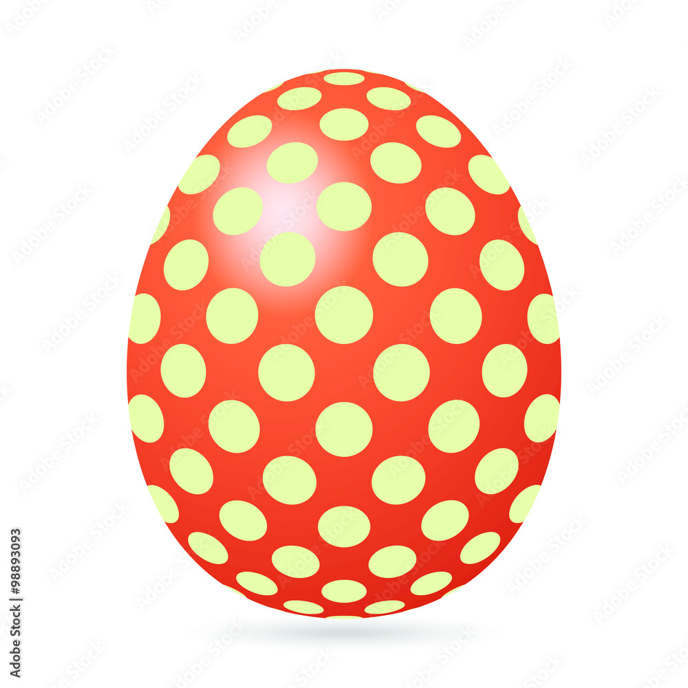 Red spring egg with shine with a green circle with a shadow on a white background Red spring egg with shine with a green circle with a shadow on a white background