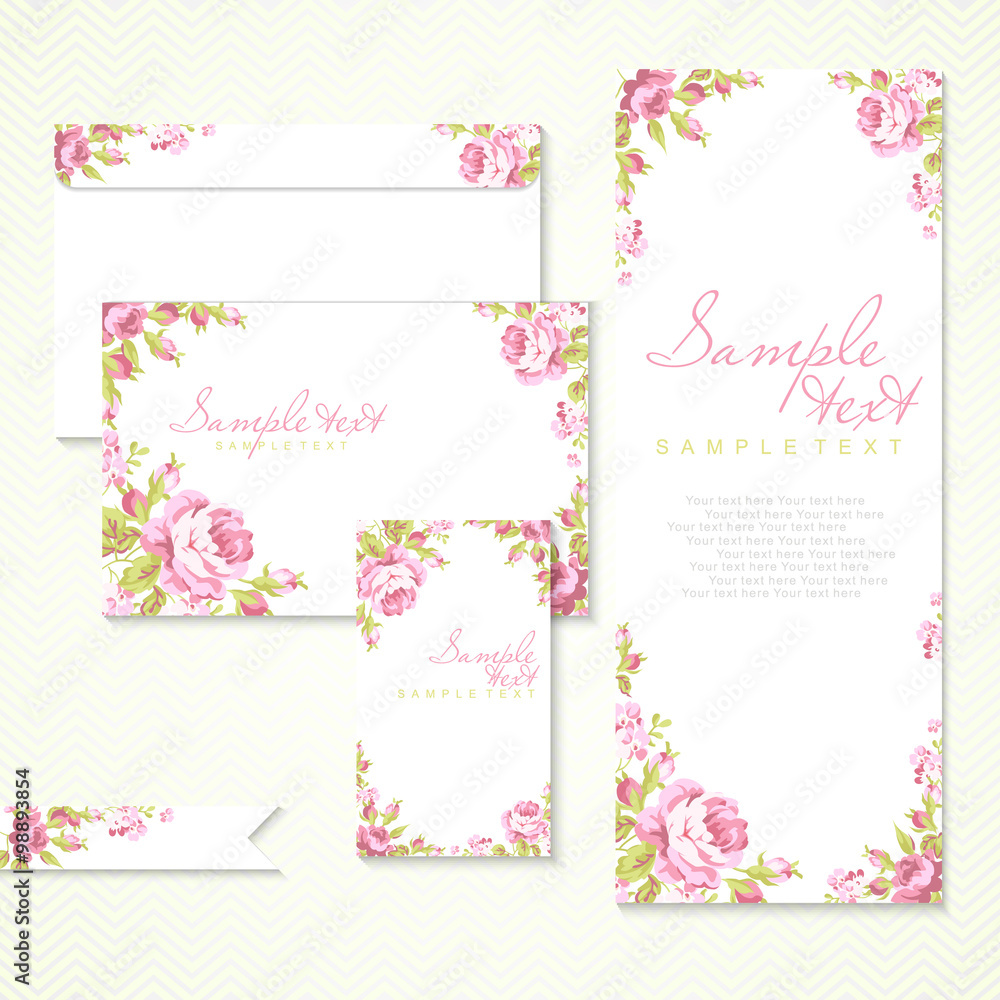 Vector card with pink roses and chevron