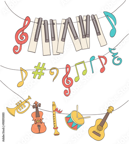 cute musical signs, notes, piano keys, children instruments hang