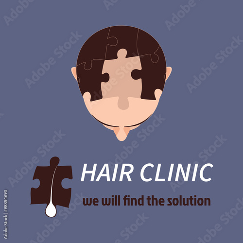 Hair loss treatment concept. Top view portrait of a man with puzzle elements. Jigsaw puzzle solution. Isolated vector illustration.
