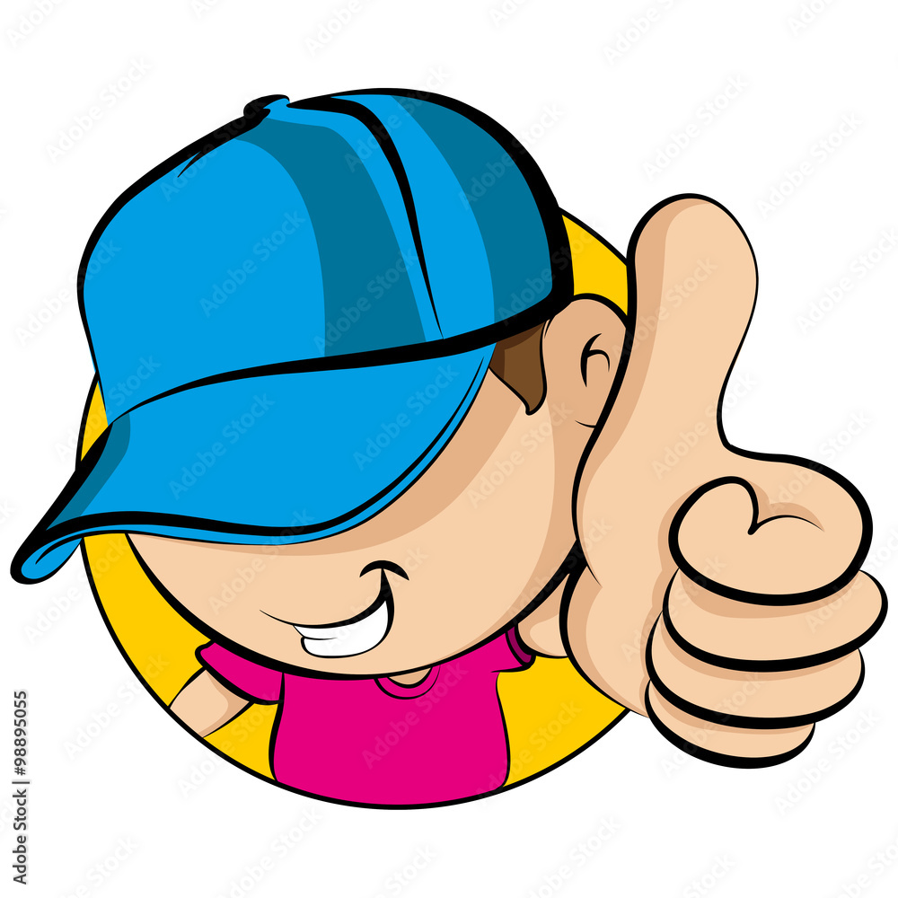 Face of a young kid wearing baseball cap showing thumbs up Stock