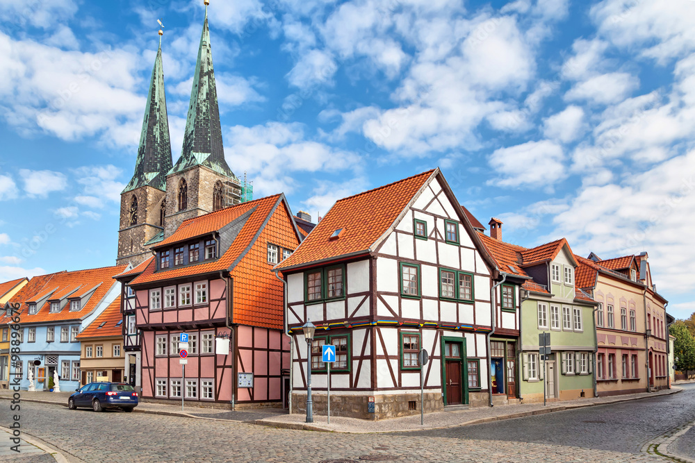 Traditional german houses and church in Quedlinburg