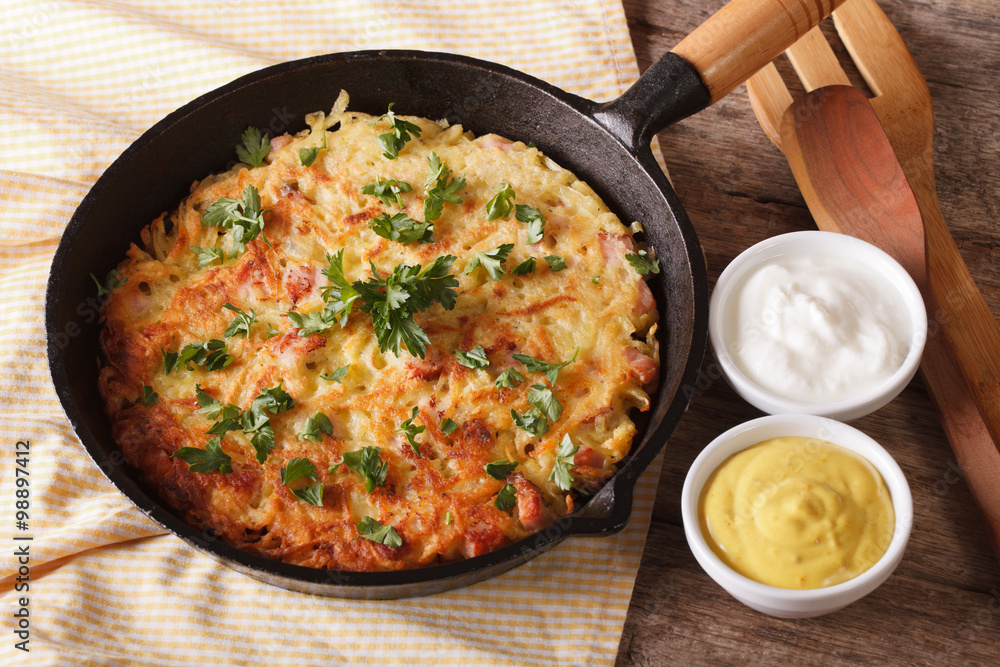 Fried Potato pancakes with herbs close-up in a pan. horizontal
Fried Potato pancakes with herbs close-up in a pan. horizontal