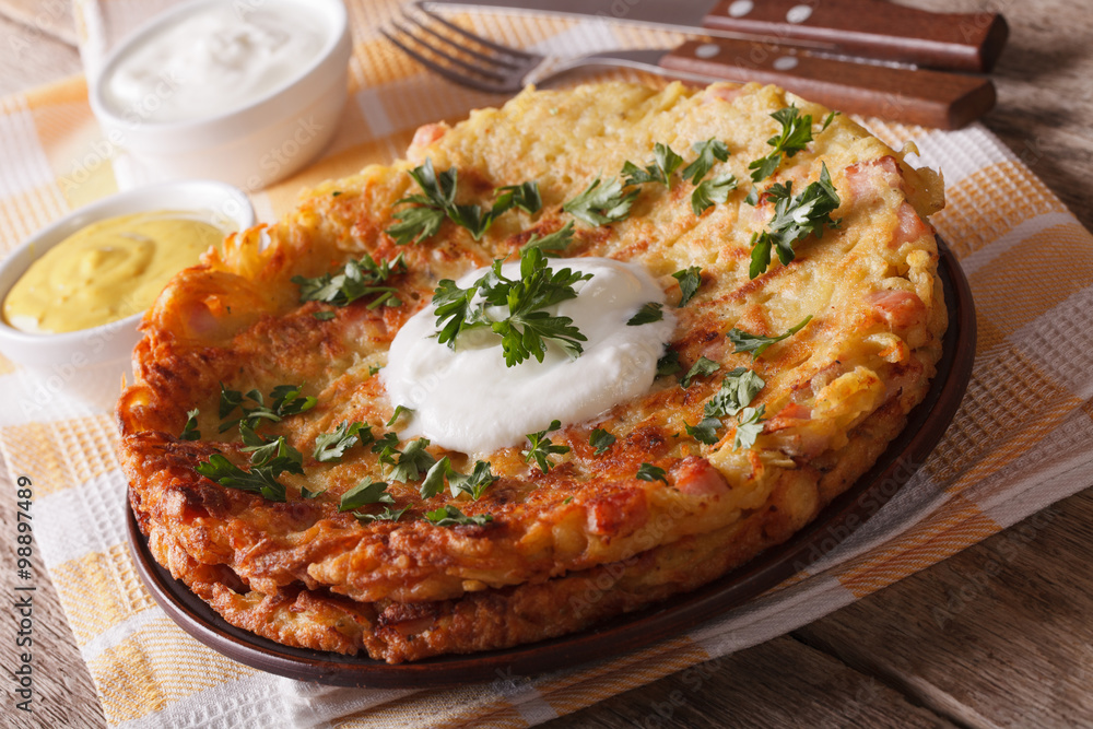 Delicious potato pancakes with sauce close-up on a plate. Horizontal
Delicious potato pancakes with sauce close-up on a plate. Horizontal