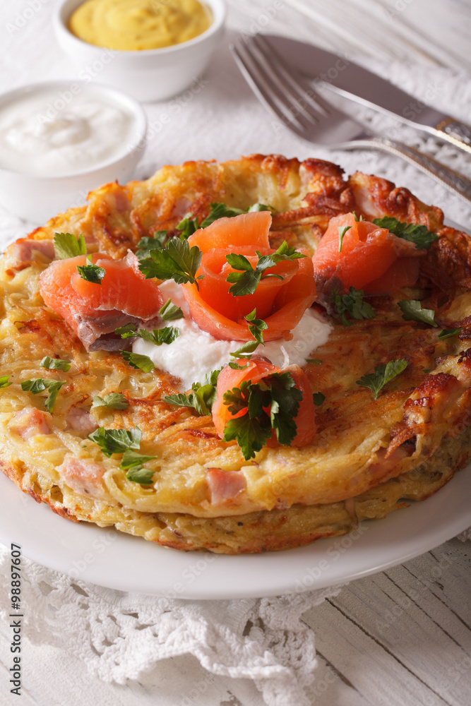 Delicious potato Fritters with salmon on a plate close-up. Vertical
Delicious potato Fritters with salmon on a plate close-up. Vertical