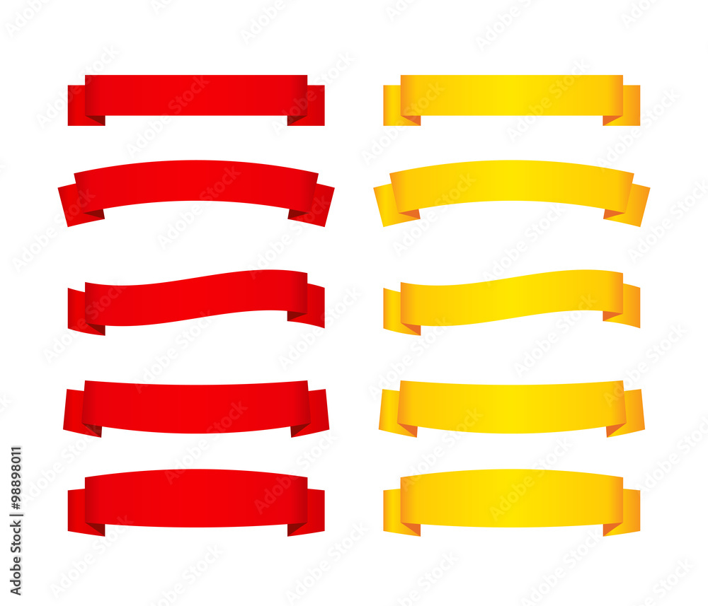 Set of red and yellow ribbon banners. Vector illustration.