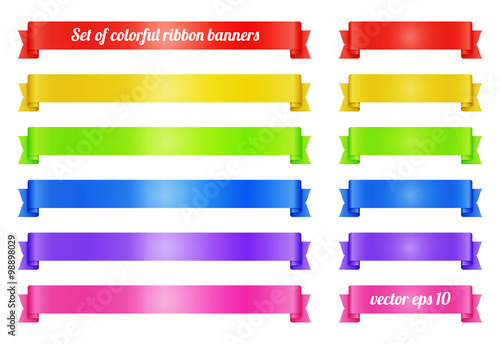 Set of colored ribbon banners for promotion. Collection of retro scrolls elements for design. Vector illustration.