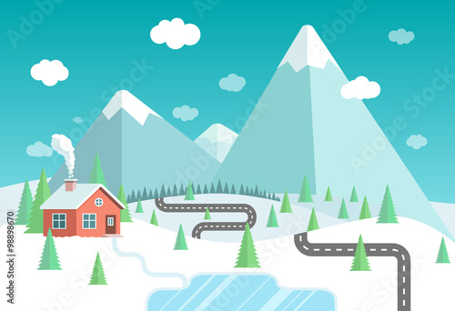 Winter landscape with mountains, forest and lake. House in the f