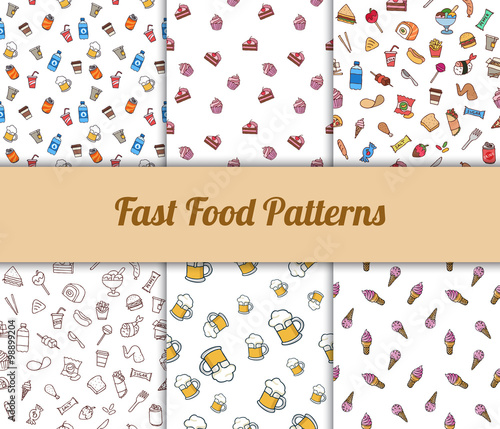Fototapeta Naklejka Na Ścianę i Meble -  Colorful hand drawn vector fast food seamless patterns set