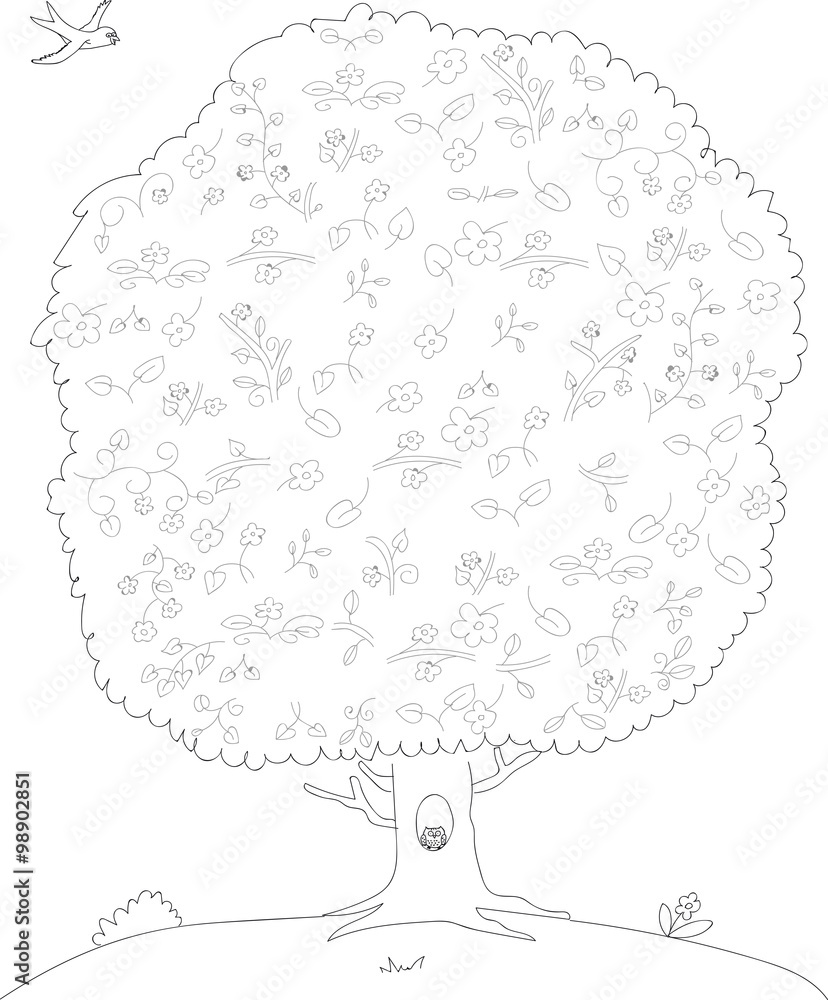 handpainted tree with leaves and flowers, with the owl in the hollow