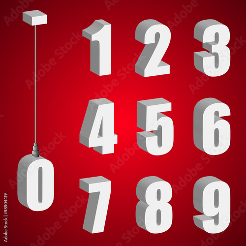 Hanging light bulb digits. Pendant white bold 3d isometric numbers. Suspension cable rope numeral.