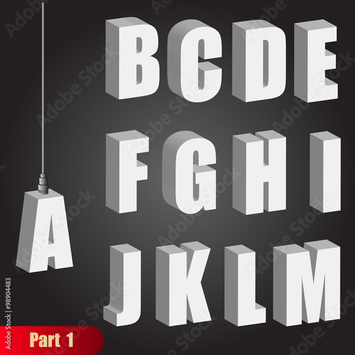 Hanging light bulb letters. Pendant white bold 3d isometric alphabet. Suspension cable rope abc, part 1