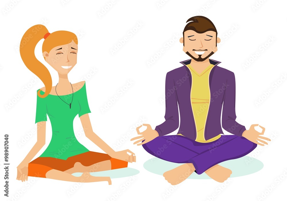 Sporty girl and man with a smile on their faces, yogi sitting in the lotus position. Sporty man in sport suit. Yoga asana. Relaxed people. Flat style, vector illustration Sporty girl and man with a smile on their faces, yogi sitting in the lotus position. Sporty man in sport suit. Yoga asana. Relaxed people. Flat style, vector illustration