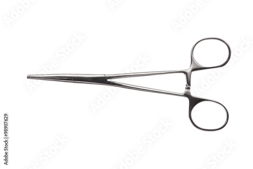 Close up of stainless steel surgical forceps isolated on white background. Clipping path included.