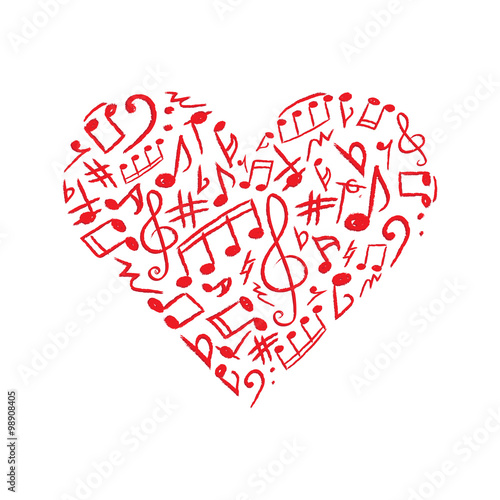 Red heart made of musical signs on white background. Vector illustration.