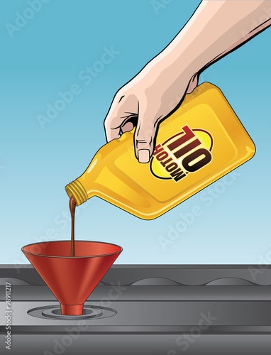 Pouring Motor Oil is an illustration of someone pouring oil from a yellow quart size motor oil container into an engine.