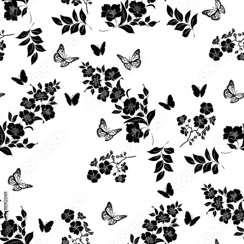Twig cherry blossoms and butterfly. Seamless