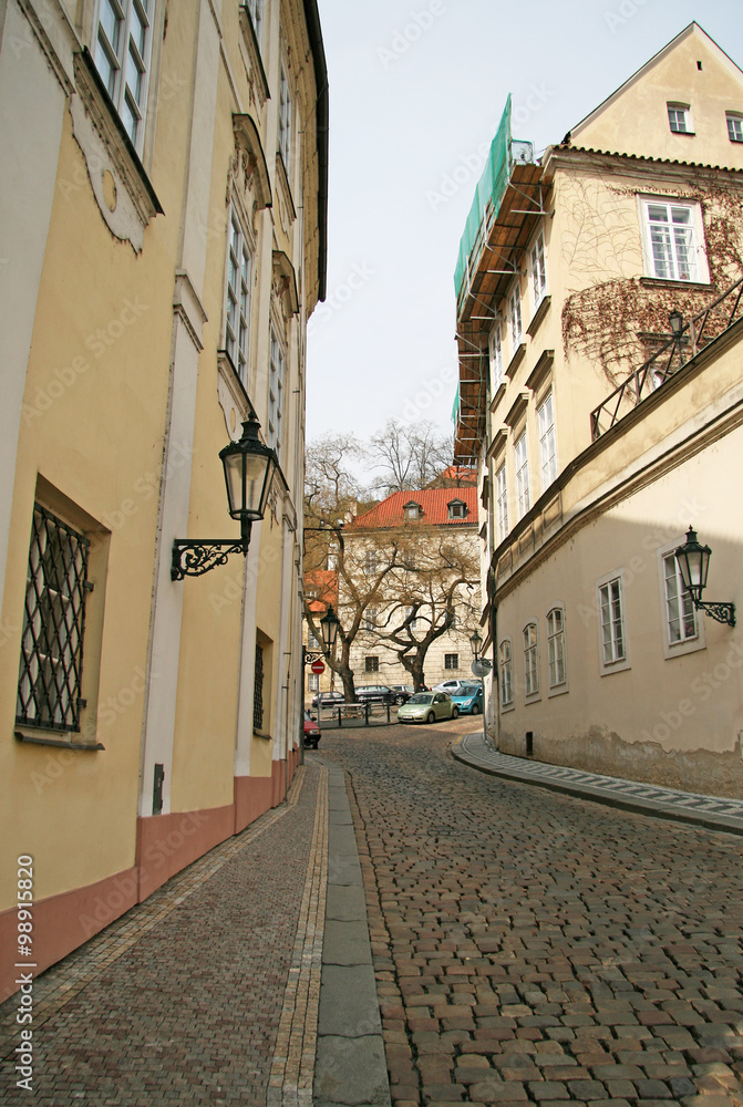 PRAGUE, CZECH REPUBLIC - APRIL 16, 2010: Buildings on Snemovni street in Mala Strana (Lesser town)